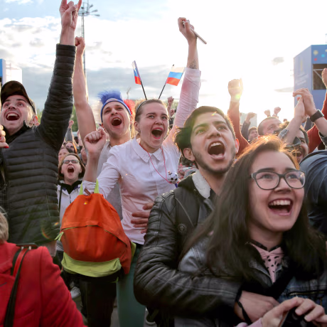 Image: Fans celebrate after Russia scored the first goal during the opening match of the World Cup