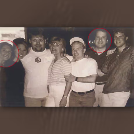 From left, Deborah Ramirez, Kerry E. Berchem, Doug Millet, Karen Yarasavage, Kevin Genda, Brett Kavanaugh and David White pose for a photo at the rehearsal dinner before the wedding of Yarasavage and Genda in 1997.
