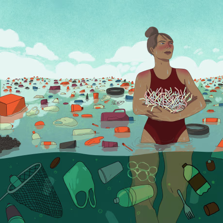 Illustration of woman holding straws in an ocean full of plastic garbage.