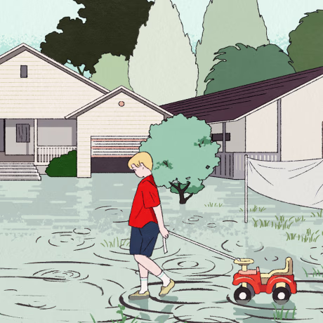 Illustration of child walking on a flooded street.