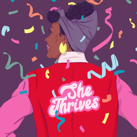 Illustration of woman wearing a jacket with \"She Thrives\" embroidered on the back.