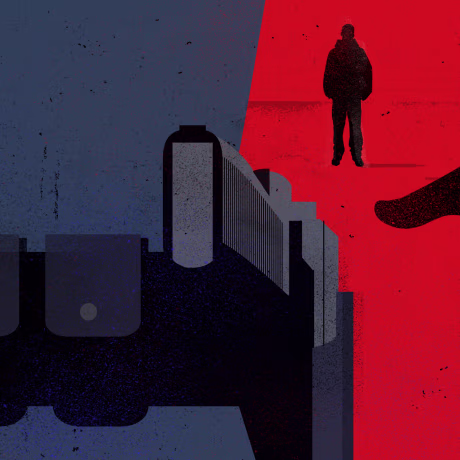 Illustration of police officer reaching for gun as a figure stands in the distance.