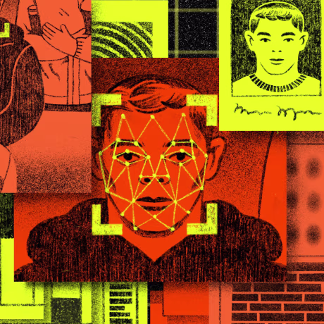 Illustration of layered driver's license, booking forms, surveillance footage, and face recognition points displayed on the face of a man.