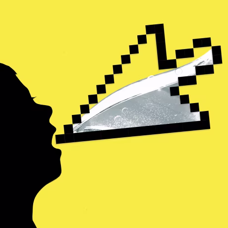 Illustration of a computer mouse full of bleach being poured into a child's mouth.