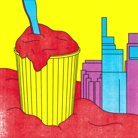 Illustration of water ice against a backdrop of the Philadelphia skyline.