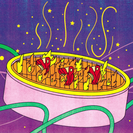 Illustration of steaks cooking on a fire pit.