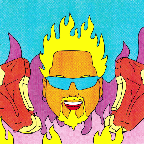 Illustration of Guy Fieri flanked by steaks and vegetables as a smoke rises behind him.