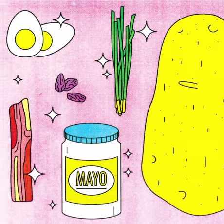 Illustration of ingredients to make different kinds of potato salad.