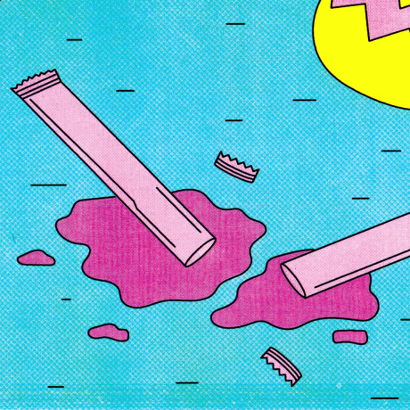 Illustration of ice pops open and melting on a summery sidewalk.