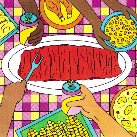 Illustration of a picnic table top with ribs and other summer foods.