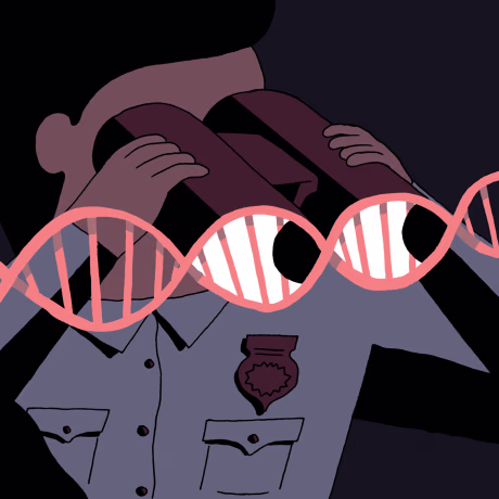 Illustration of police offer peering through binoculars made of DNA strips.