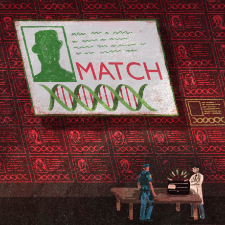 Illustration of a DNA match screen appearing on a wall of DNA info as a police officer and technician stand in front of a rapid DNA machine.