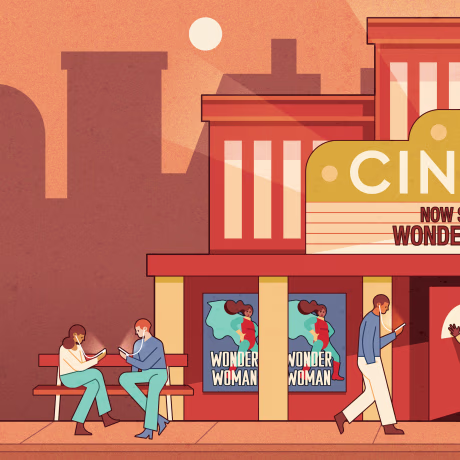 Illustration of people outside movie theatre watching movies on their phones as Wonder Woman sells out the theatre.