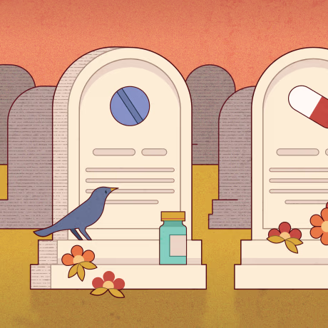 Illustration of graves with drug paraphernalia engraved on them.