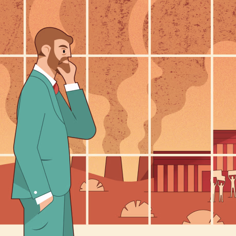 Illustration of lawmaker watching protests outside a window as smoke stacks billow in the distance.