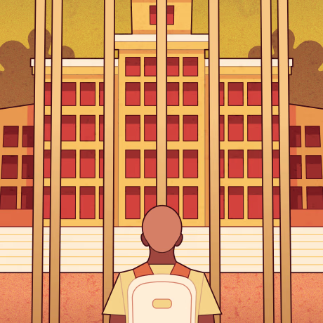 Illustration of young woman locked outside a college campus.