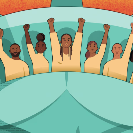 Illustration of Black Lives Matters activists raising fists inside the crown of the Statue of the Liberty.