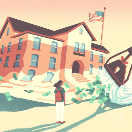 Image: A mop pushes away a melting school while dollar bills fly around and a student watches.