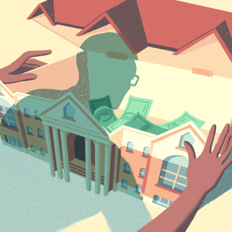 Image: A menacing shadow opens the top of a college building with money inside.