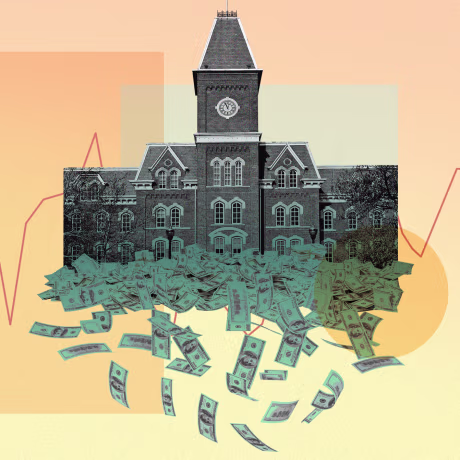 Photo illustration of a school with money pouring out from it, silhouettes of students, and a bar graph.