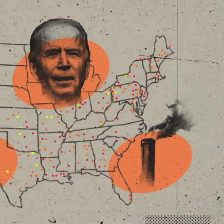 Image: A map of the United States shows dots for Superfund site locations, with large orange ovals showing Joe Biden, Donald Trump, an EPA worker and a smokestack.