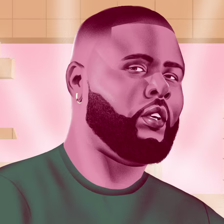 Image; Illustration of Keith Dorsey with a background showing a destroyed, cubic wall.
