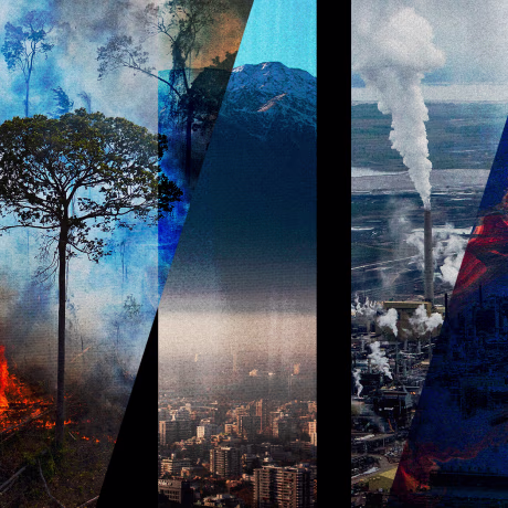 Image: Photo illustration of Deepwater Horizon, Amazon fires, city pollution, ocean oil spill and refinery exhaust.