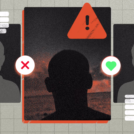 Photo illustration: Five user profiles and the one in centre has an alert sign on it. It also has two buttons, one with a heart on the right and one with across to left.