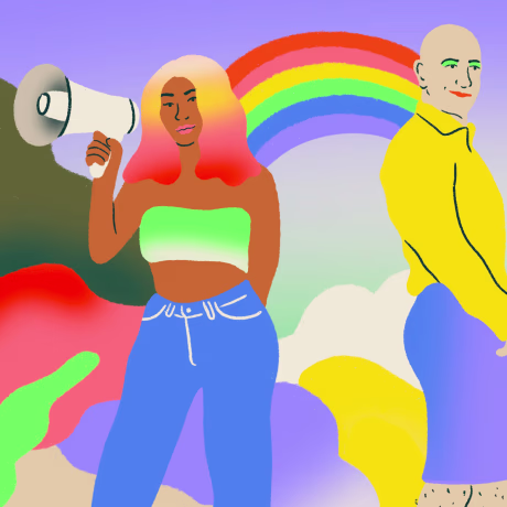 Illustration of LGBTQ+ people in a Garden of Eden near a rainbow.