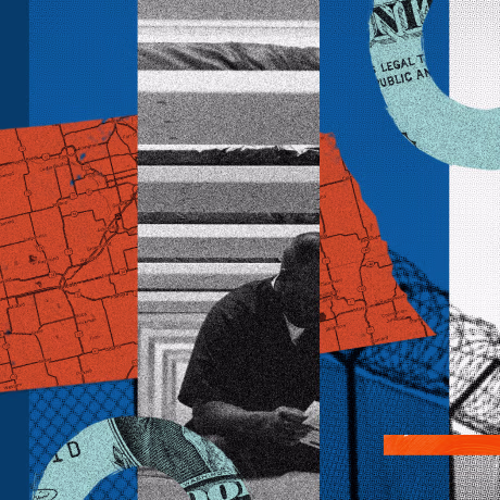 Photo illustration: Collage with images of a person sitting, barbed wire fences, a state map of Nebraska and fragments of the dollar bill.