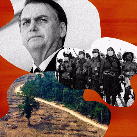 Illustration shows Brazilian President Jair Bolsonaro, deforestation in the Amazon, and indigenous groups protesting.