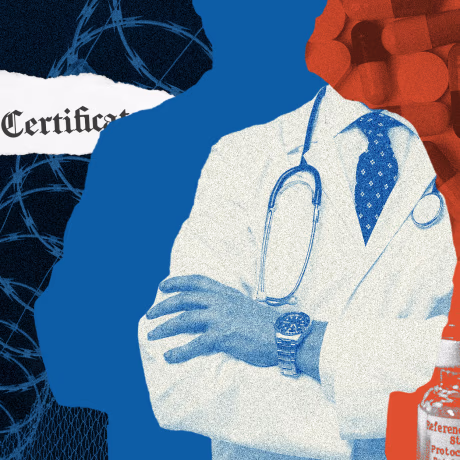 Photo illustration: A prisoner getting a vaccine, torn pieces of a medical certificate, part of a silhouette of a doctor and pills and medicine vials.