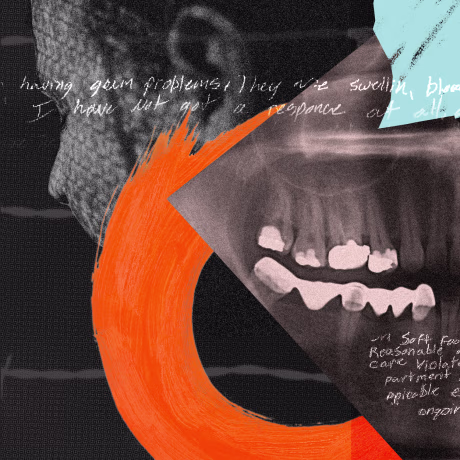 Photo collage: Image of a person looking away, shape of the state of Michigan, a dental x-ray and hand scribbled notes.