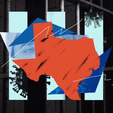 Photo illustration: Against a prison cell in the background, blue strips show Covid-19 spores, fragments of a boy's photo and the map of Texas.