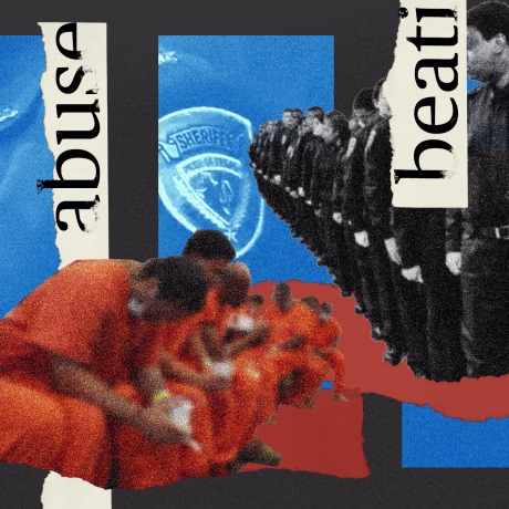 Photo illustration: Cutout image of inmates sitting in a line, cutout image of a line of detention officers against blue boxes in the background that show the Harris County Sheriff's badge. Torn pieces of paper run though the image that read,\"assault\", \"b