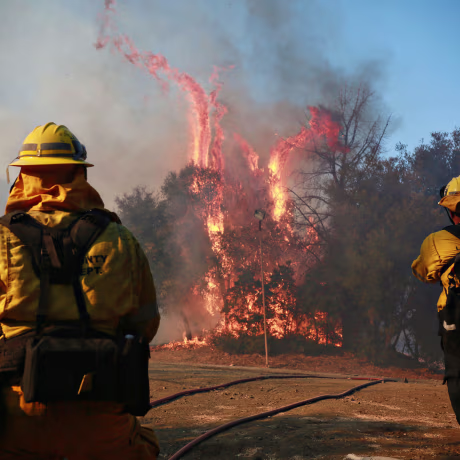 Image: Firefighters battle a blaze at the Salvation Army Camp