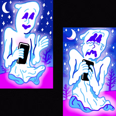 Illustrations of a happy ghost holding a phone while waving goodbye and a sad ghost clutching a phone.