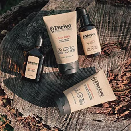 THRIVE Natural VIP Men's Skin Care Set (4 Piece) - Grooming Gift Set to Wash, Exfoliate, Shave &amp; Soothe - Gift for Men Made in USA with Organic &amp; Unique Natural Ingredients for Healthy Mens Skincare