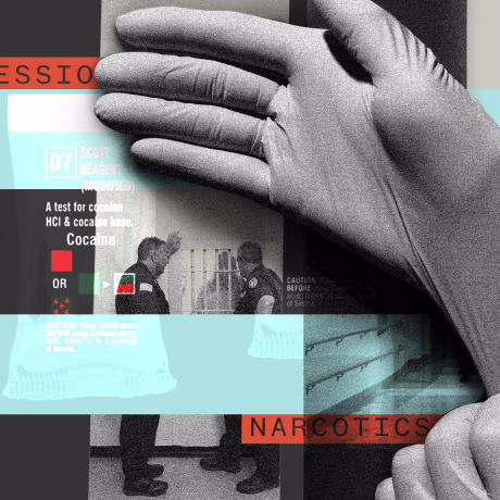 Photo illustration: Image of a hand wearing nitrile gloves over scenes from a correctional unit, two correctional officers standing next to the pharmacy and officers taking an inmate in handcuffs. Packets of drug testing kits are juxtaposed over the image