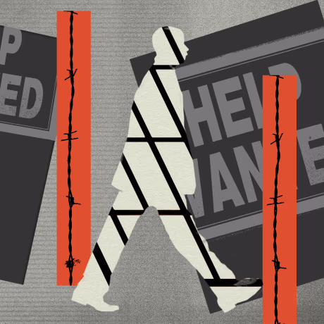 Photo illustration: Silhouettes of people walking into blocks that read,"Help Wanted". Strips of barbed wire stand vertically ahead of each of them.