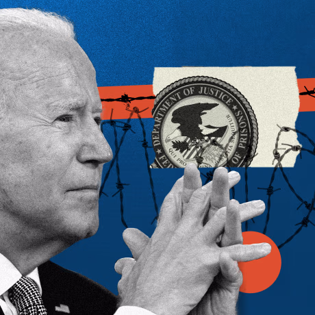 Photo illustration: and Joe Biden looking to the right with Michael Carvajal looking to the left along with orange strips with barbed wire in the background.