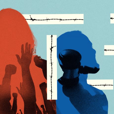 Photo illustration: Raised fists raised in protests and a gavel inside silhouettes of three people. Strips of barbed wire are interspersed between these figures.