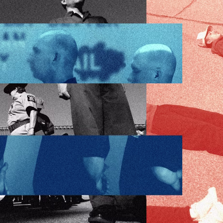 Photo illustration: Two blue strips reveal inmates with shaved heads standing in a line. The background shows inmates lying down on the floor, another image shows a correctional officer walking by inmates standing in a formation.