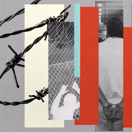 Photo illustration showing barbed wire and scenes from Texas state prisons, including inmates behind a fence, an inmate in handcuffs, and an inmate sleeping in a small bed.