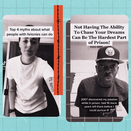 Photo Illustration of white and Black prison TikTok creators with barbed wire.