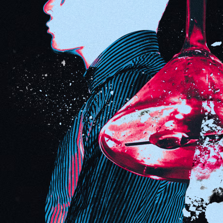 Collage-based illustration of two men back-to-back with an upside-down red martini and a crushed pill between them.