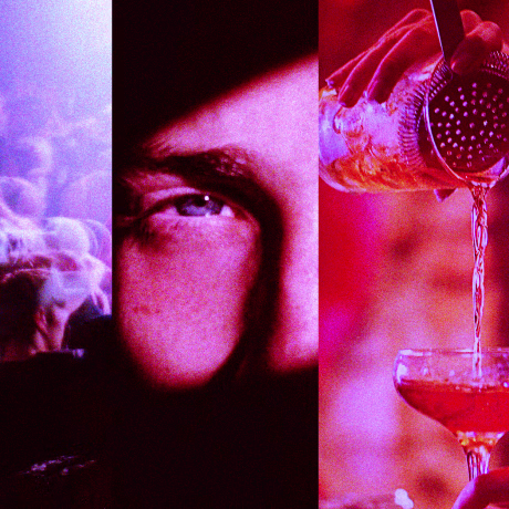 Photo illustration of people dancing at a nightclub, a mans face in shadow, and a mixed drink being poured.
