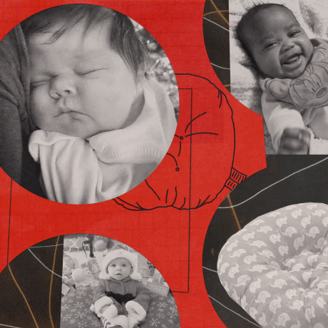 Photo illustration of young babies seen through cut out circles; a Boppy branded baby lounger; a drawing of the baby lounger.