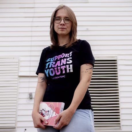 High school teacher Em Ramser, 27, photographed in her neighborhood in Denton, Texas.