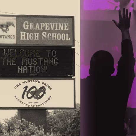 Photo illustration of Rafael Cruz; a sign for Grapevine High School in Texas; a man raises his hand in worship at a Texas church; and David Barton.